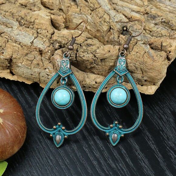 Turquoise Vintage Gold Hip-Hop Retro Leaf Alloy Aztec Drop Earrings Boho Ethnic - Picture 4 of 6
